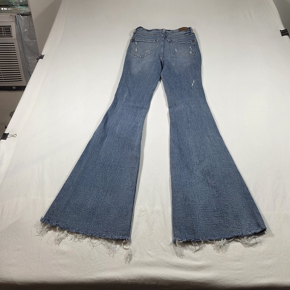 Judy Blue Flare Distressed Jeans High Rise Boho Medium Wash Festival Fringe Hem - Picture 11 of 13